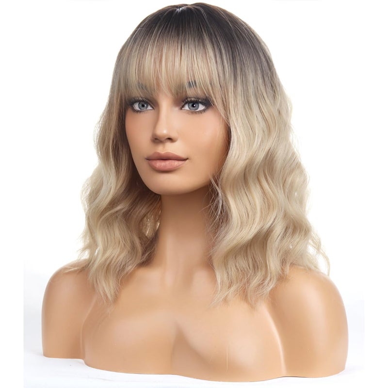 BERON Blonde Ombre Short Wigs Curly Shoulder Length Wig with Bangs Ombre Color Wavy Hair Wigs 35 cm/14 Inch Women's Synthetic Wigs Daily Party Use - Image 4